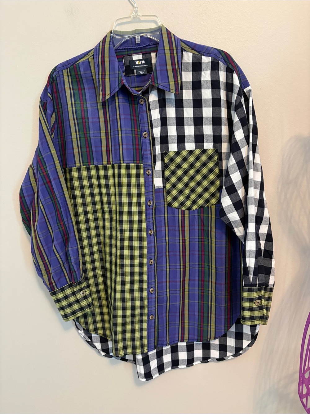 Anthropologie Mixed Plaid Button-Down Shirt - Purple, Green, Black, White